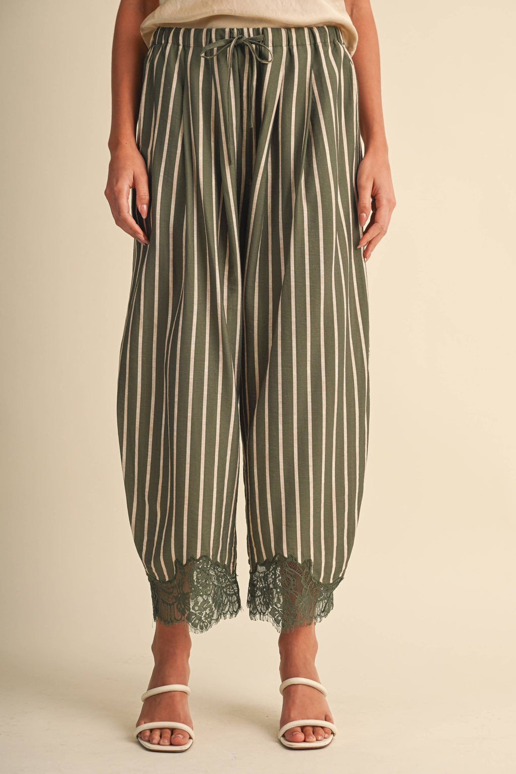 Lace Hem Striped Barrel Pants