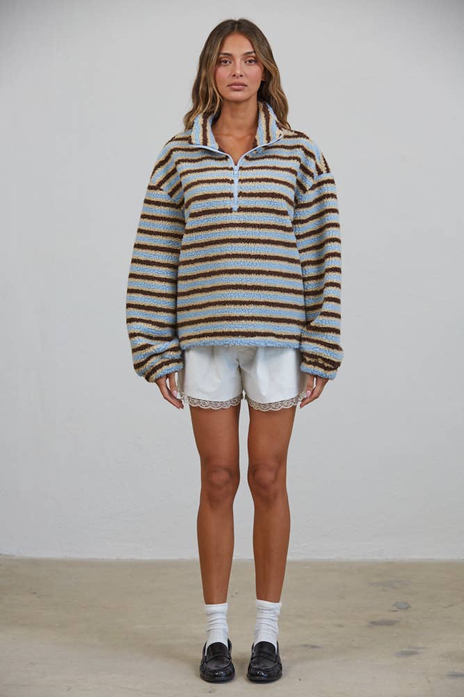 Relaxed Sherpa Striped Half Zip Pullover
