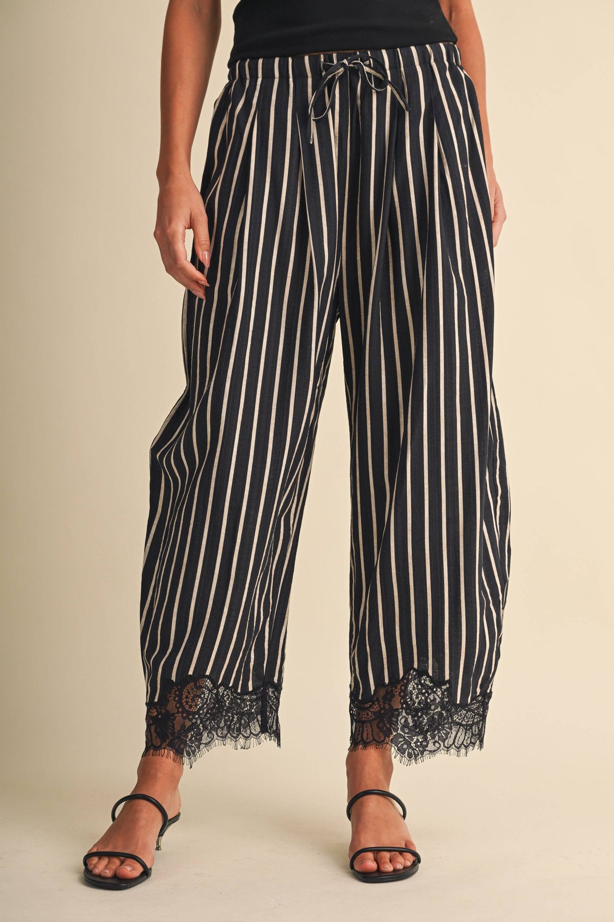 Lace Hem Striped Barrel Pants