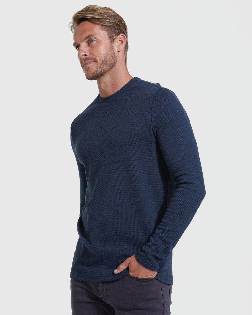 Navy Waffle Long Sleeve Crew Neck