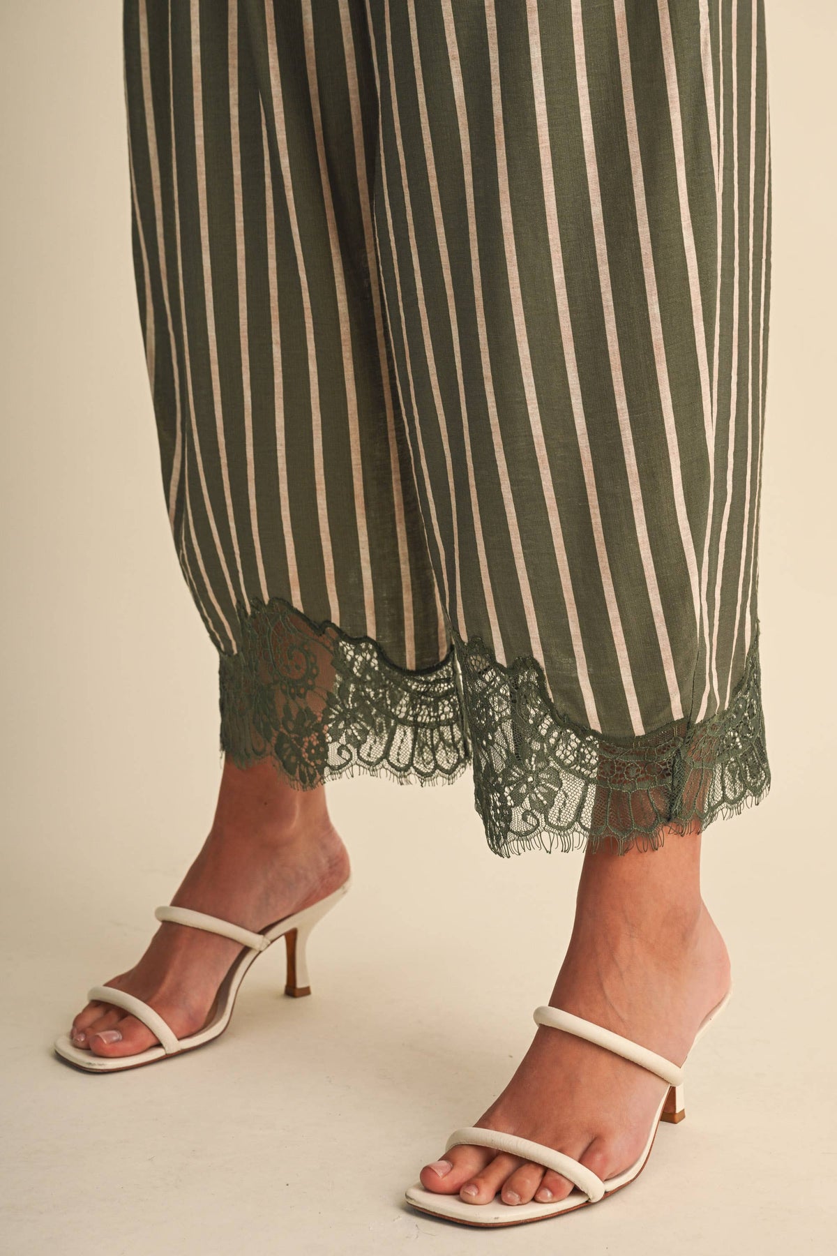 Lace Hem Striped Barrel Pants