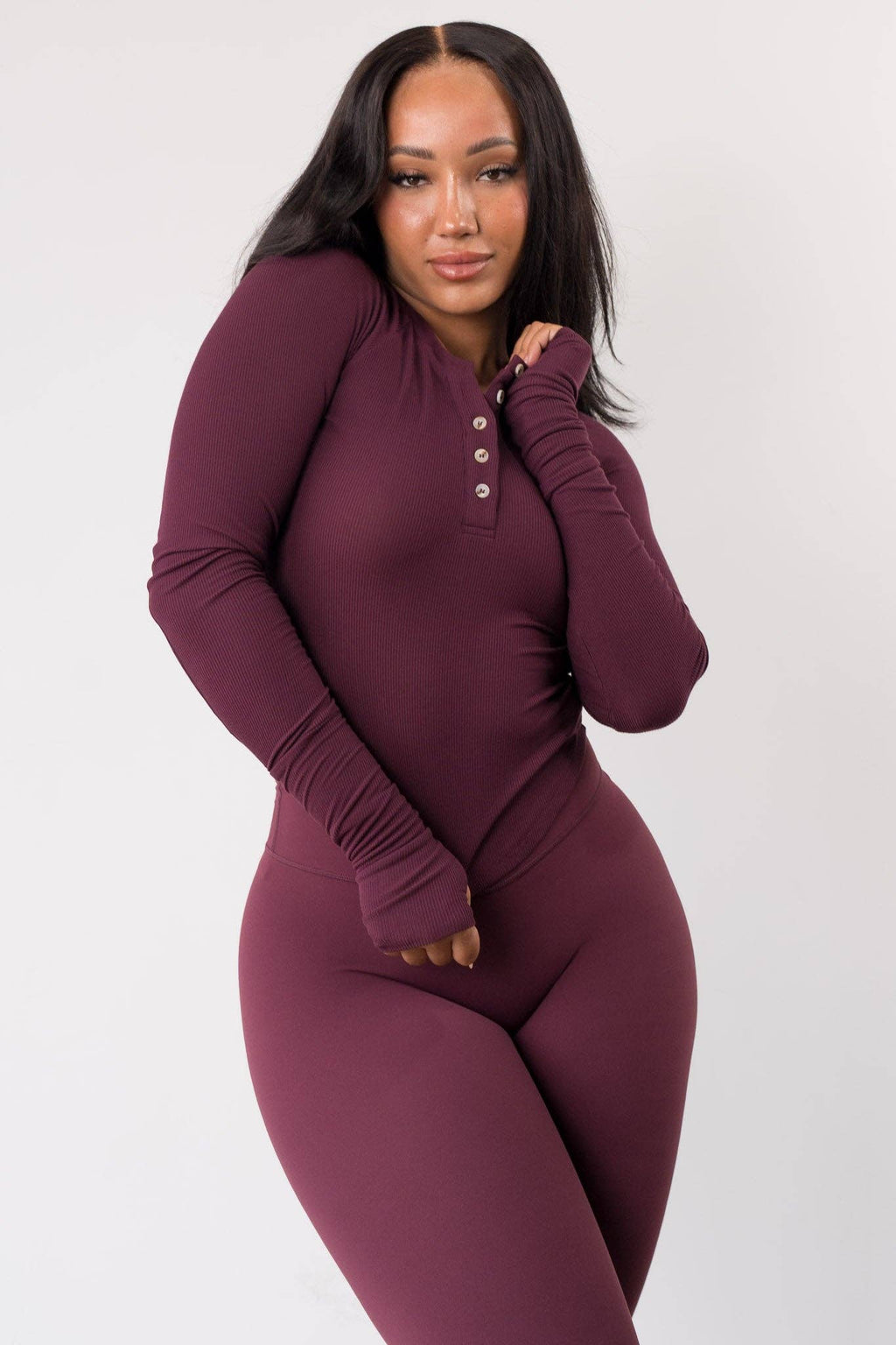 Vitality Easy Rib Henley Top - Wine