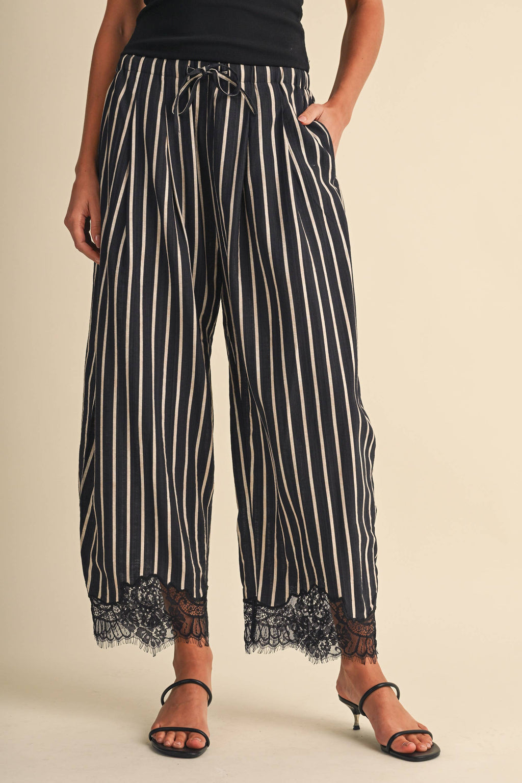 Lace Hem Striped Barrel Pants