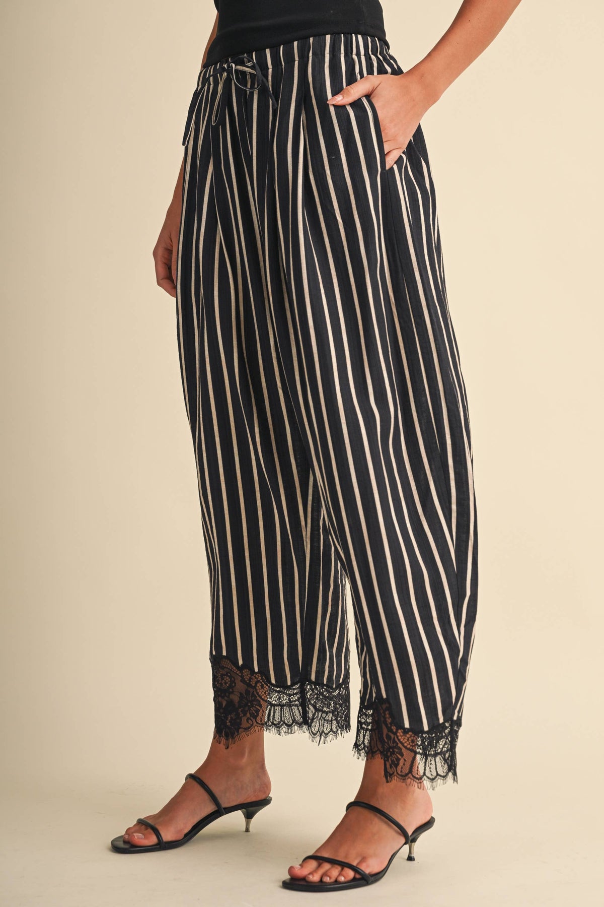 Lace Hem Striped Barrel Pants