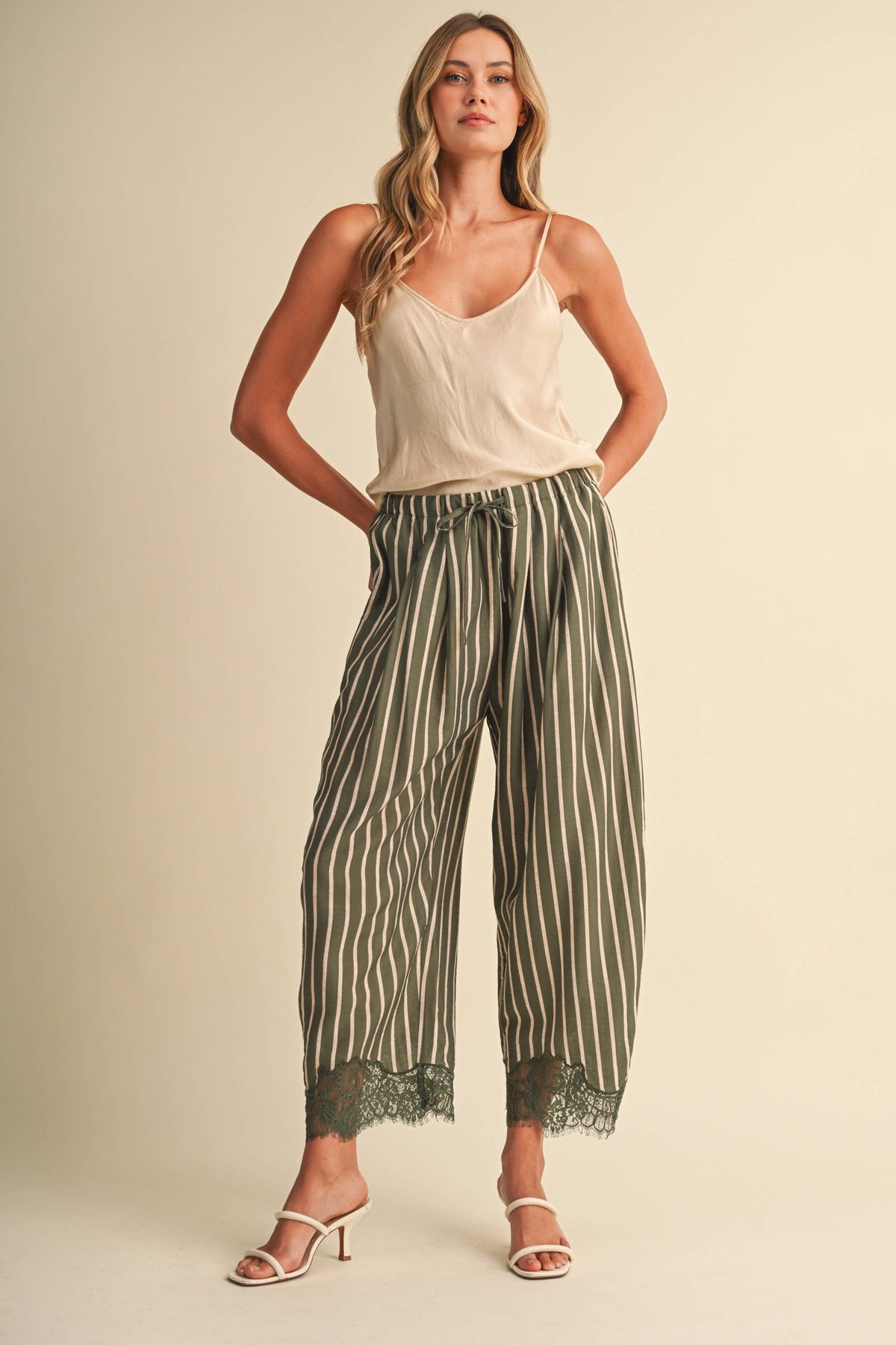 Lace Hem Striped Barrel Pants