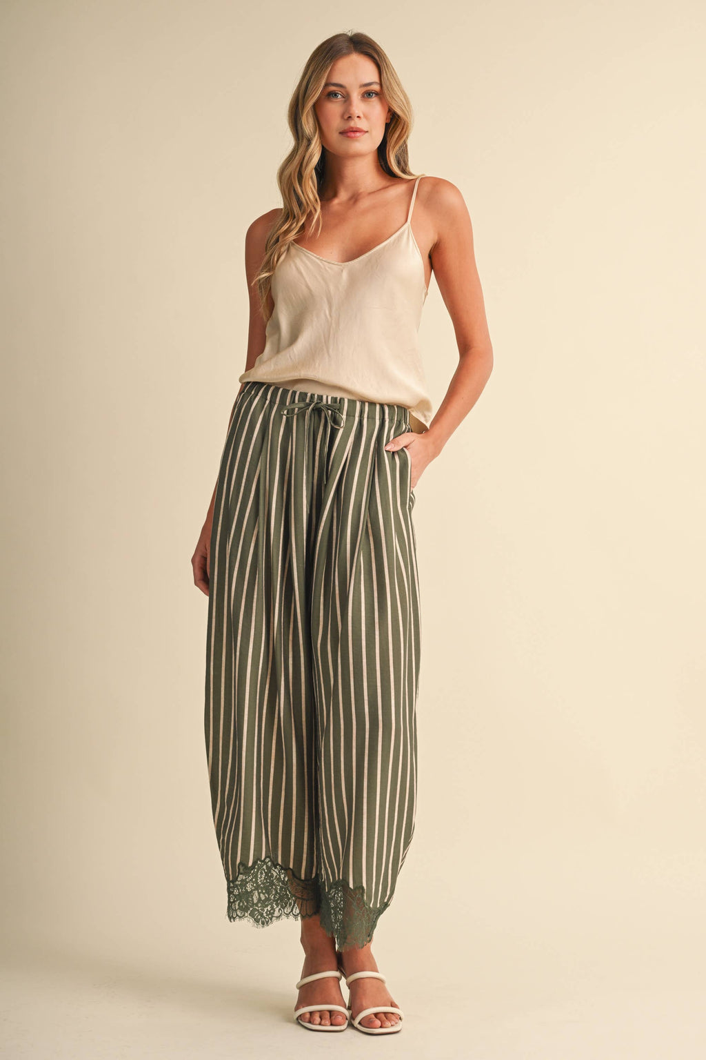 Lace Hem Striped Barrel Pants