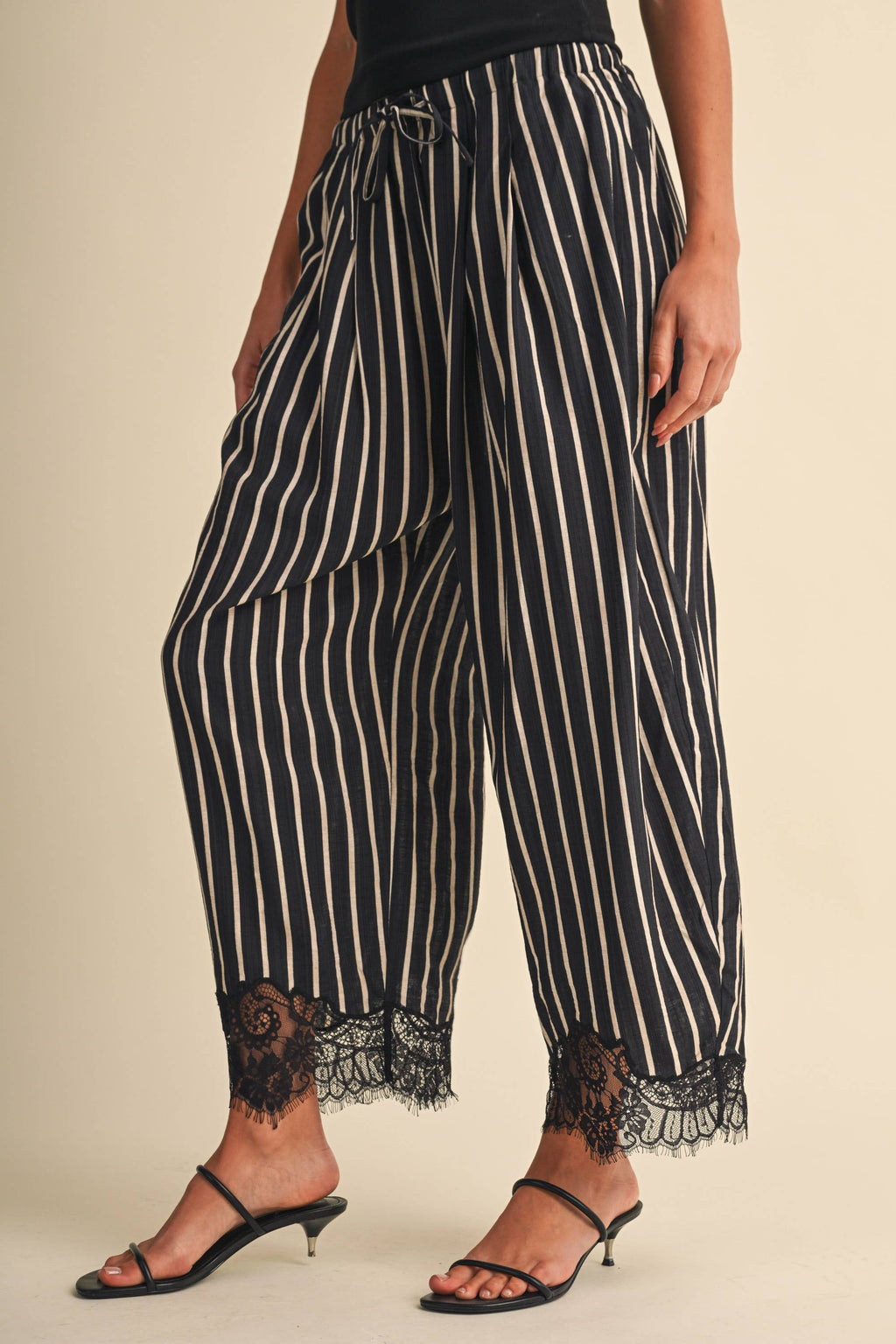 Lace Hem Striped Barrel Pants