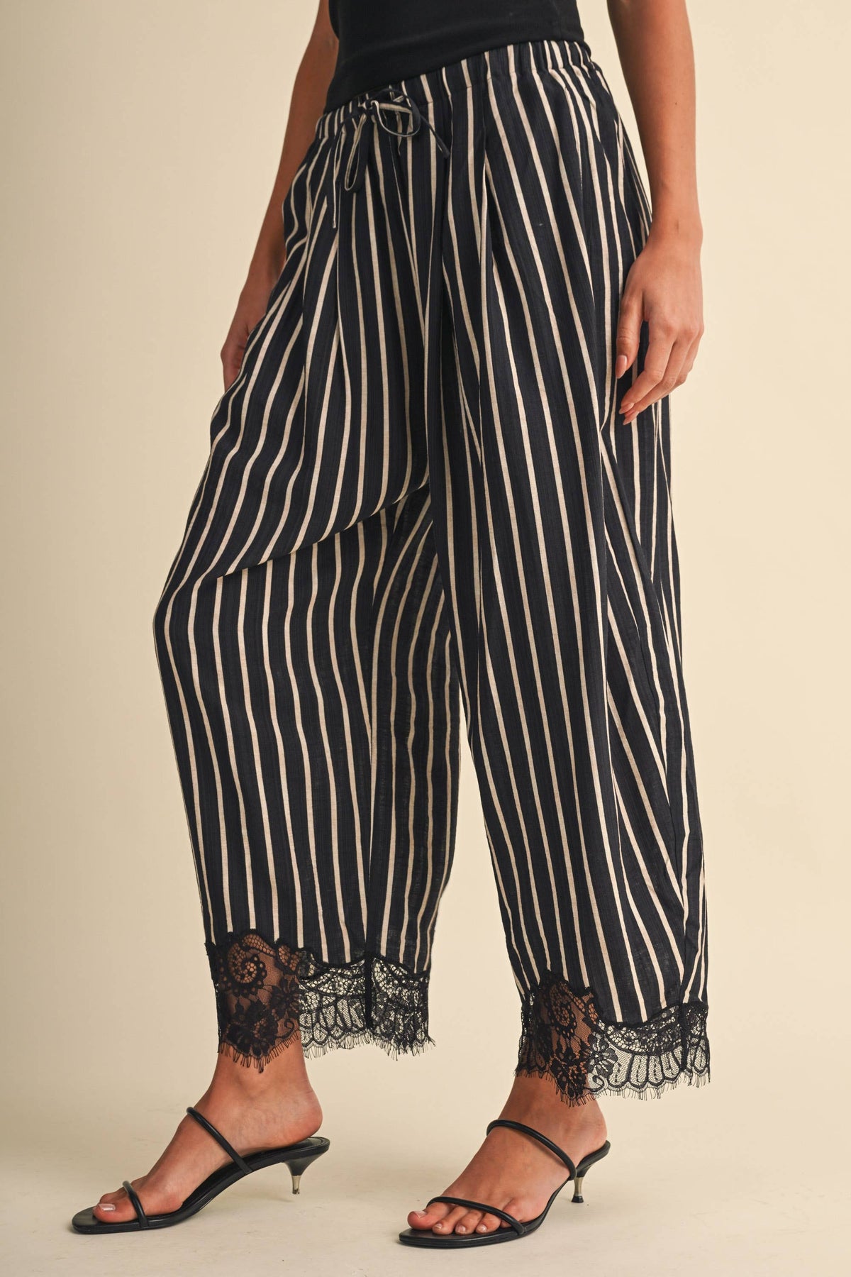 Lace Hem Striped Barrel Pants