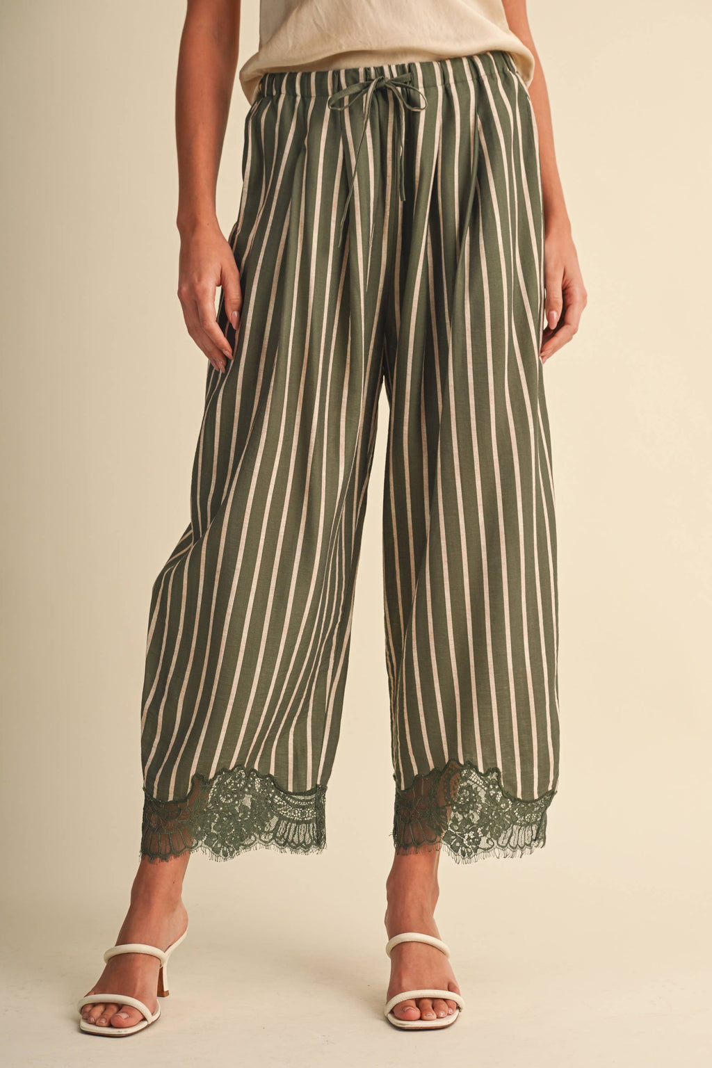 Lace Hem Striped Barrel Pants