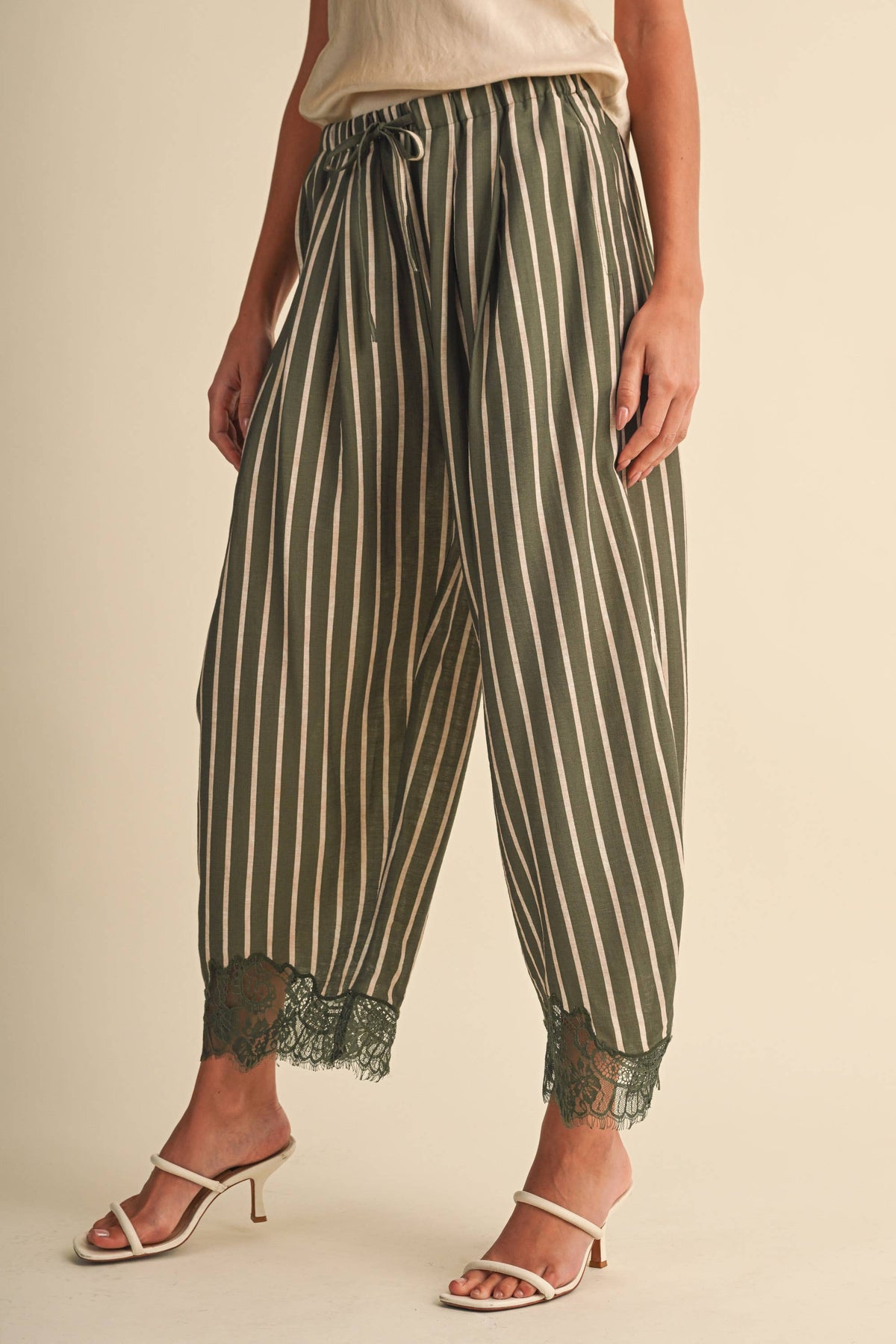 Lace Hem Striped Barrel Pants