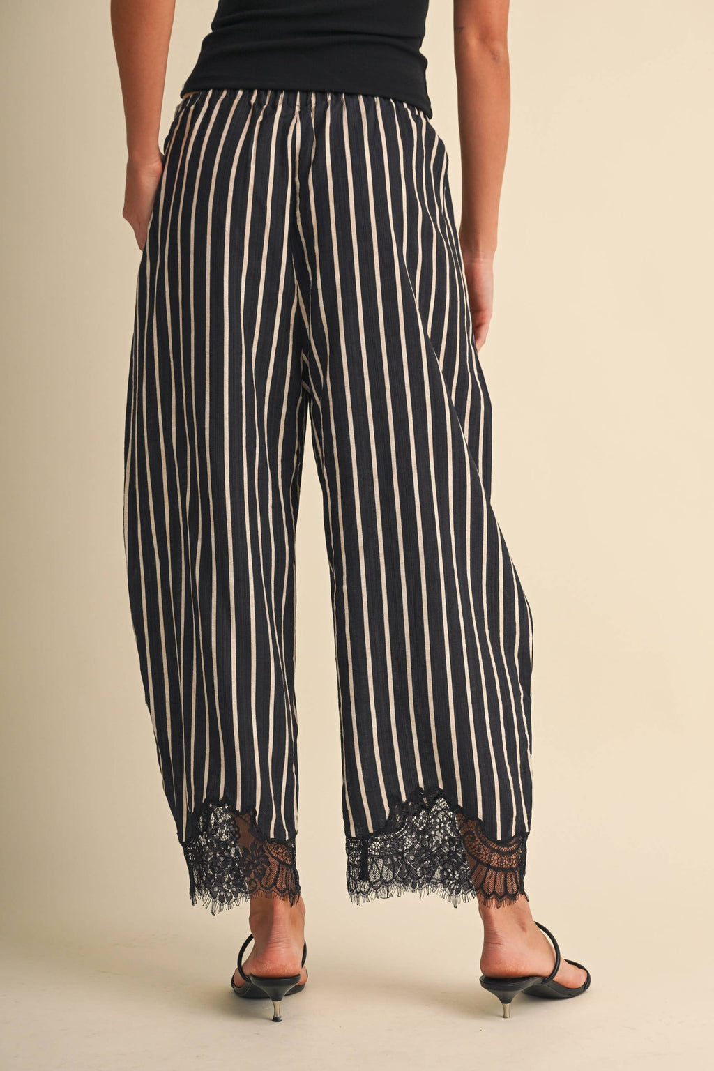 Lace Hem Striped Barrel Pants