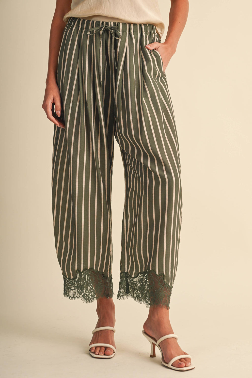 Lace Hem Striped Barrel Pants