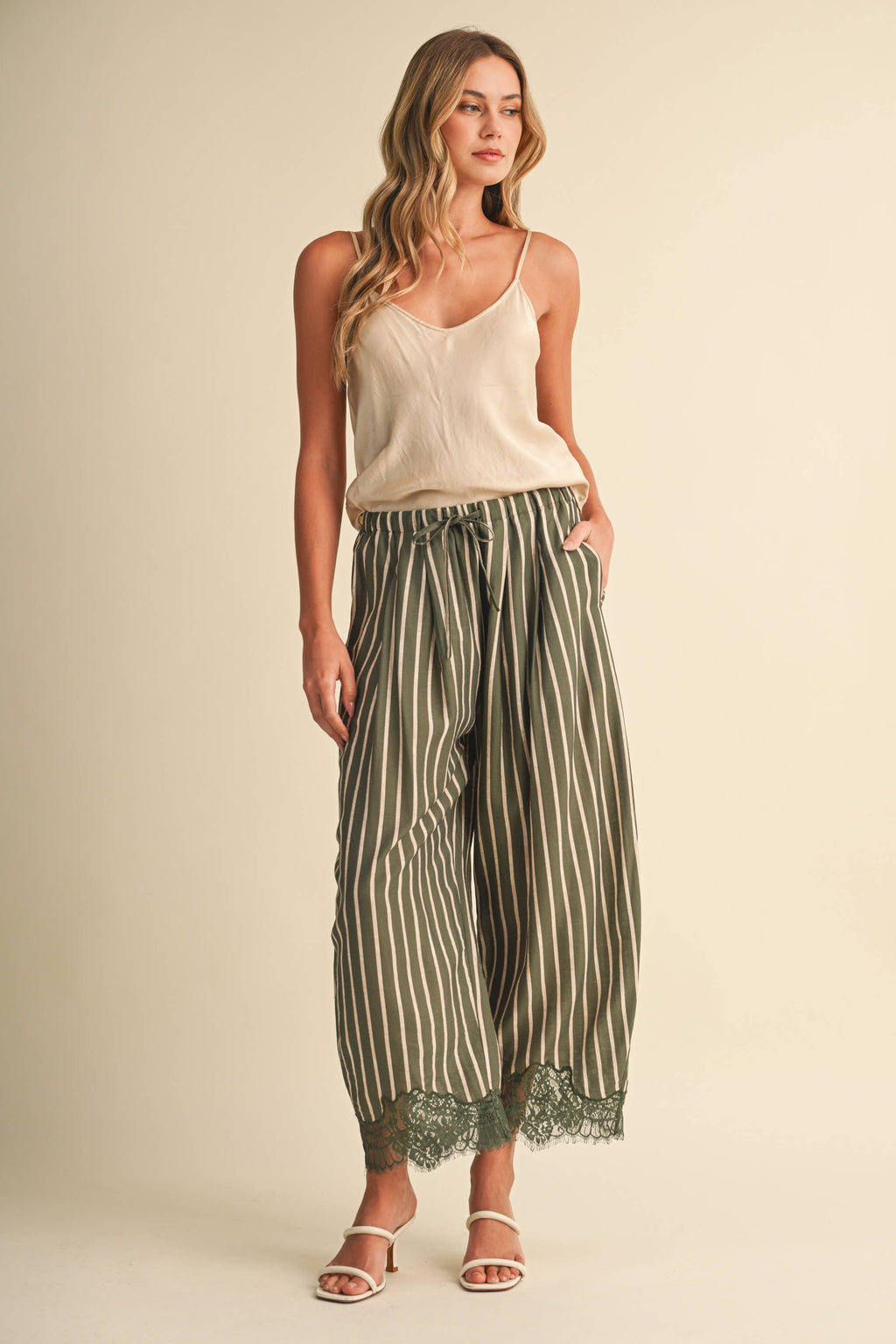 Lace Hem Striped Barrel Pants