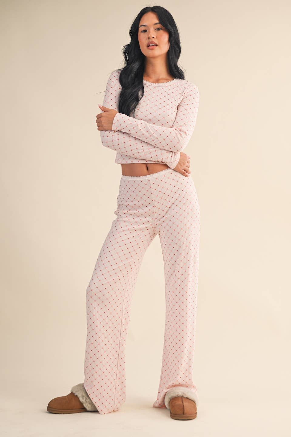Heart Print Pointelle Lounge Set with Picot Lace Trim