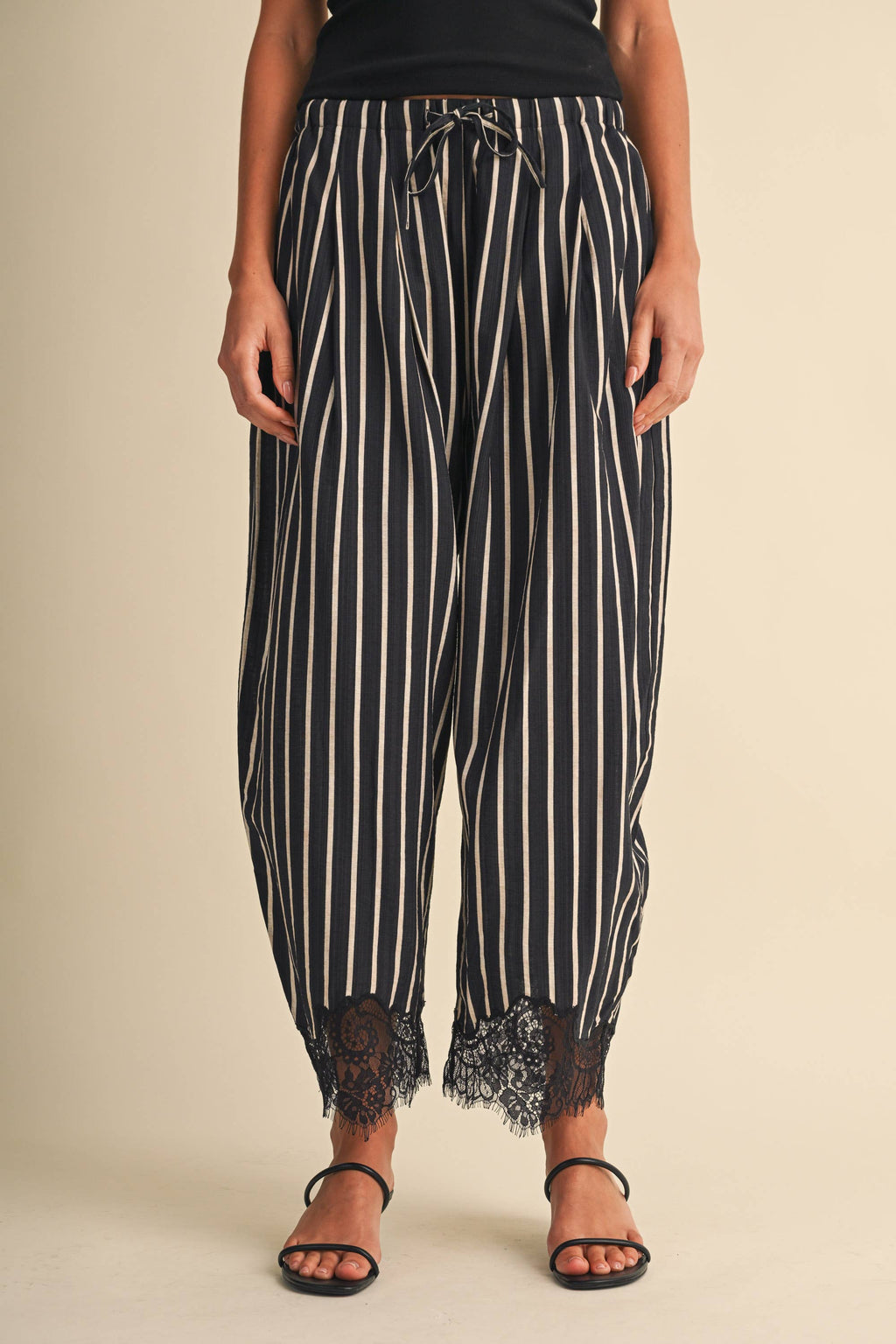 Lace Hem Striped Barrel Pants