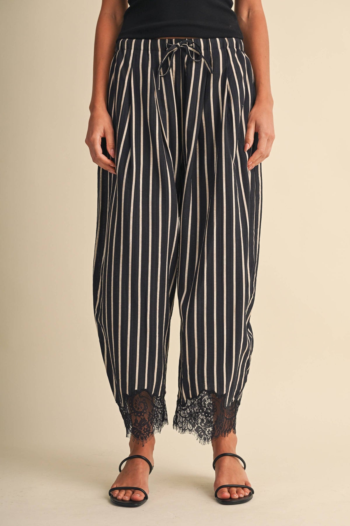 Lace Hem Striped Barrel Pants