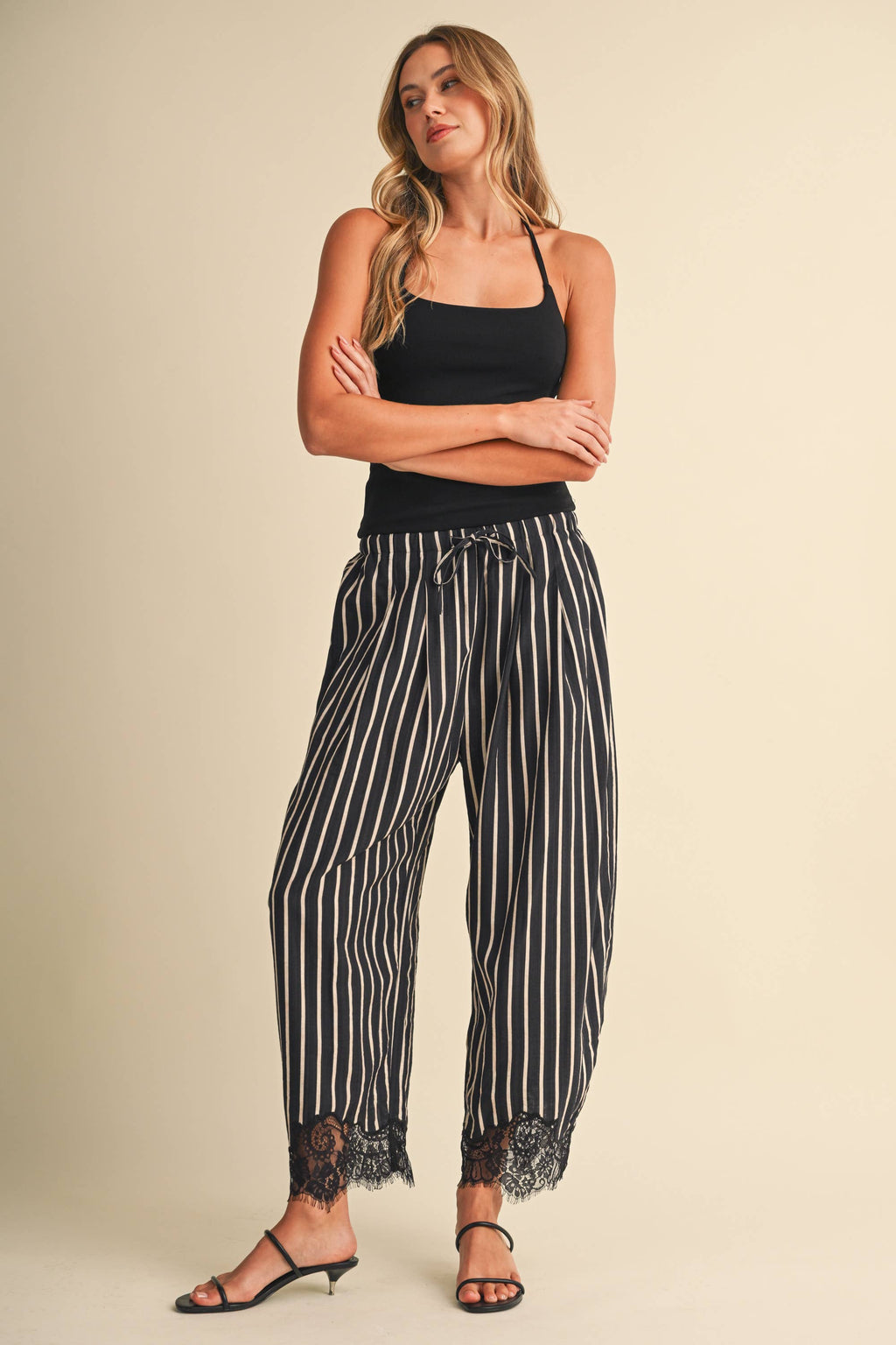 Lace Hem Striped Barrel Pants