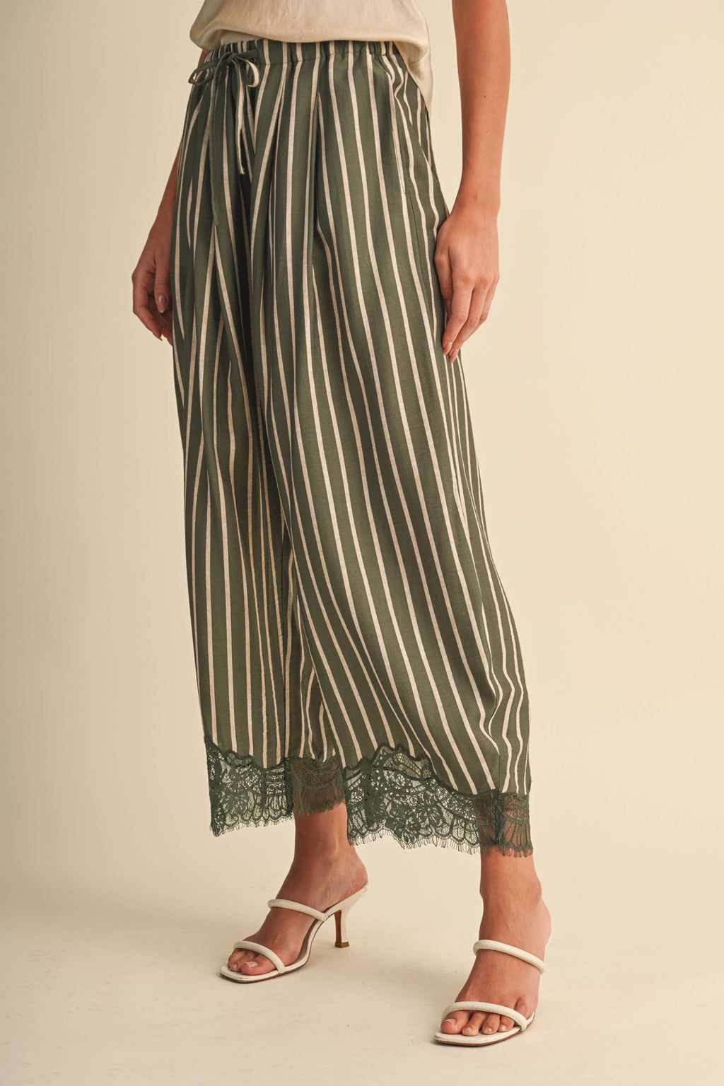 Lace Hem Striped Barrel Pants