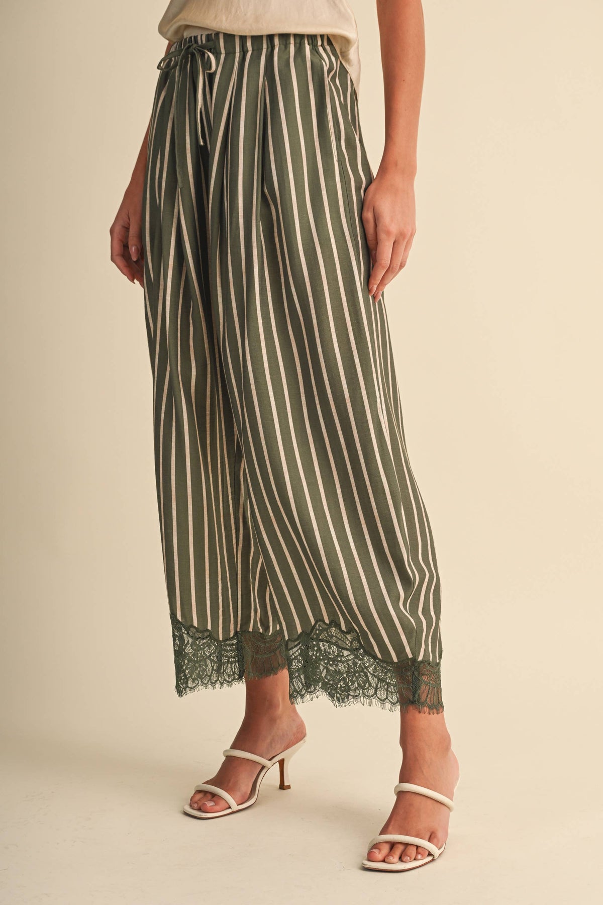 Lace Hem Striped Barrel Pants