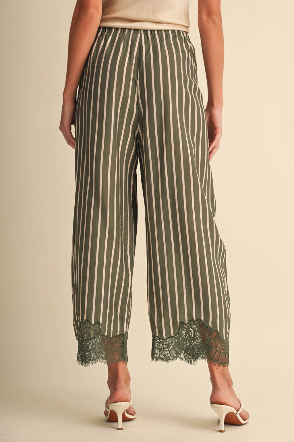 Lace Hem Striped Barrel Pants
