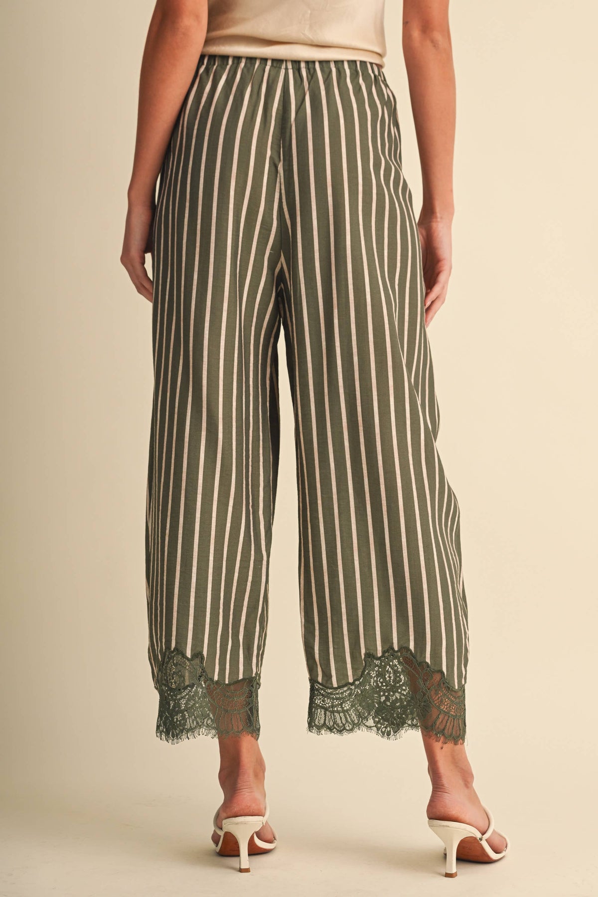 Lace Hem Striped Barrel Pants