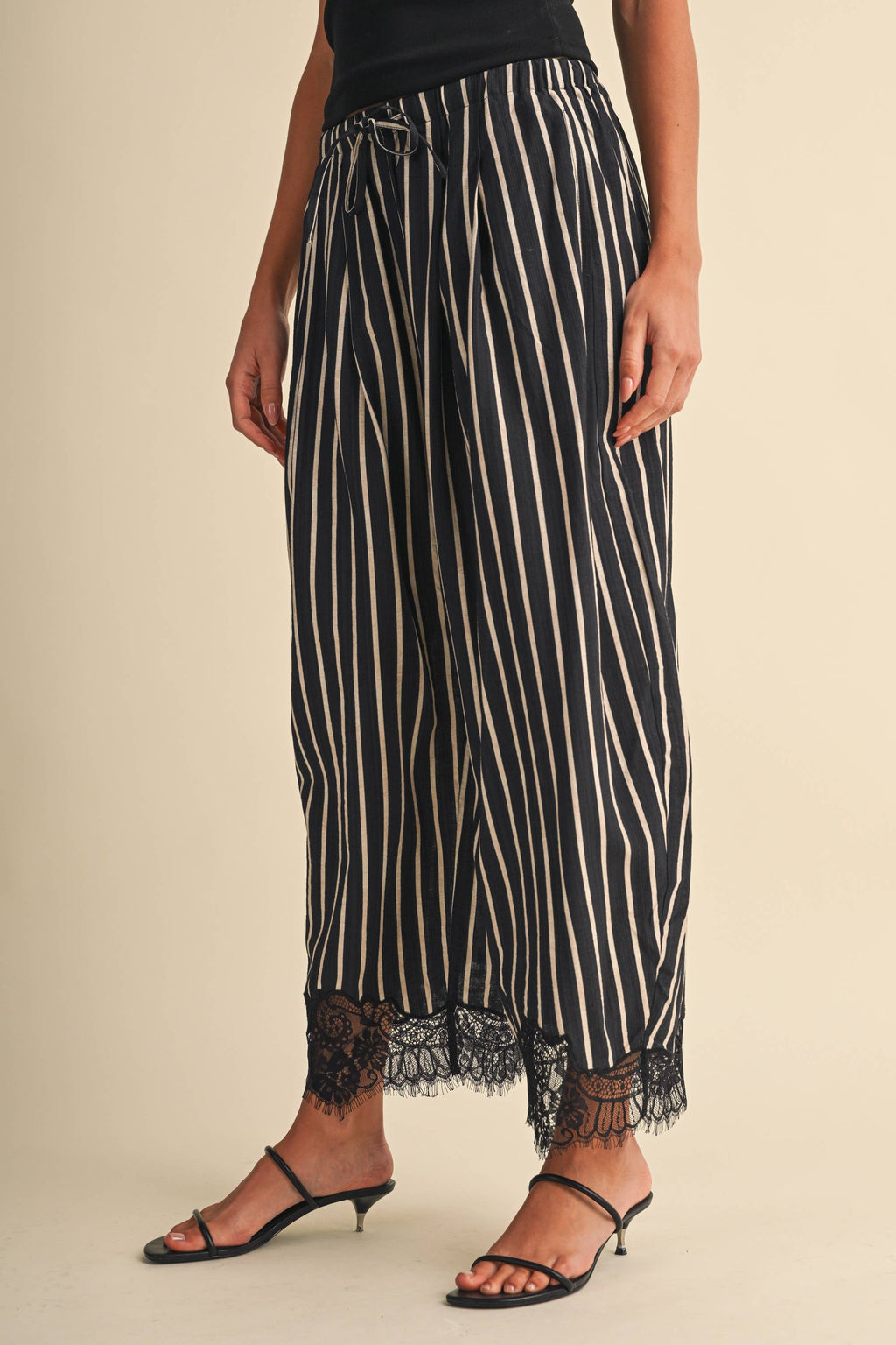 Lace Hem Striped Barrel Pants