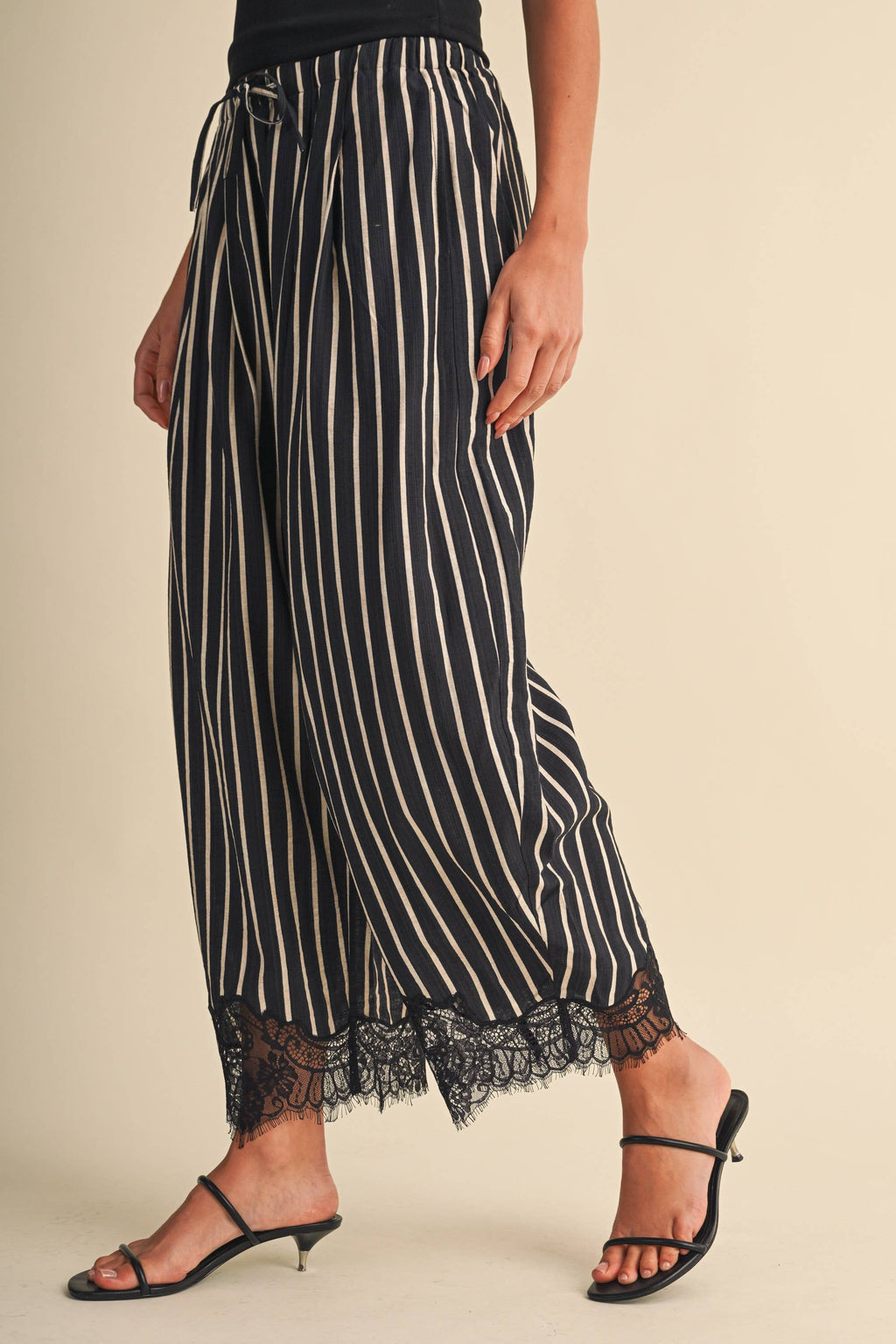 Lace Hem Striped Barrel Pants