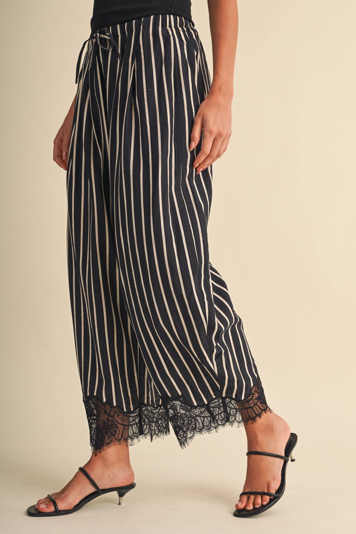 Lace Hem Striped Barrel Pants